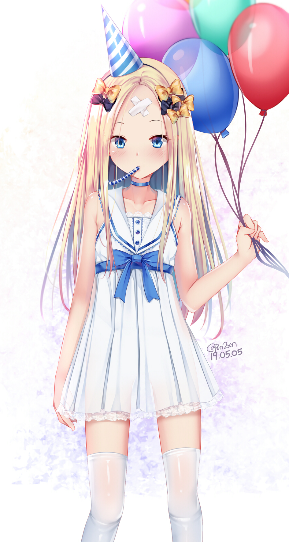 1girl, abigail_williams_(fate), alternate_costume, balloon, bare_arms, bare_shoulders, black_bow, blonde_hair, blush, bow, commentary_request, crossed_bandaids, dated, dress, fate/grand_order, fate_(series), female_focus, hair_bow, hat, highres, holding, holding_balloon, long_hair, looking_at_viewer, mouth_hold, orange_bow, parted_bangs, party_hat, party_whistle, puririn, sailor_collar, sailor_dress, sleeveless, sleeveless_dress, solo, standing, striped_clothes, striped_headwear, thighhighs, tilted_headwear, twitter_username, very_long_hair, white_dress, white_sailor_collar, white_thighhighs