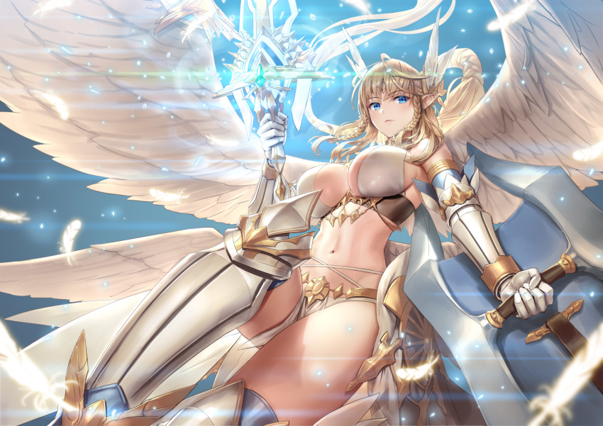 1girl, angel, angel_wings, aselica_(king's_raid), blonde_hair, blue_eyes, blue_sky, breasts, cuboon, day, dress, feathers, floating_hair, flying, highres, holding, holding_shield, holding_sword, holding_weapon, king's_raid, large_breasts, leg_up, light_particles, long_hair, looking_at_viewer, navel, outdoors, pointy_ears, shield, sidelocks, sky, stomach, strapless, sword, thighhighs, weapon, wings