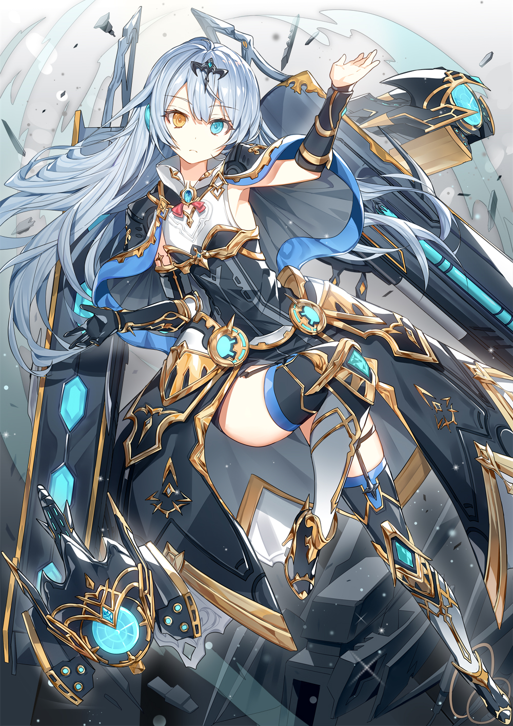 1girl, android, arm_up, armor, armored_boots, armpits, black_gloves, blue_eyes