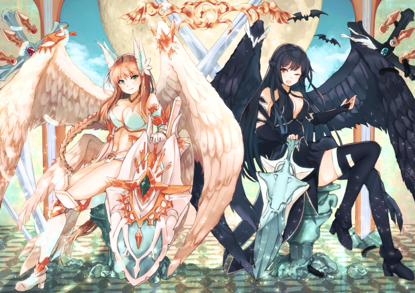 2girls, ahoge, angel, angel_wings, armor, aselica_(king's_raid), bare_shoulders, bat_(animal)