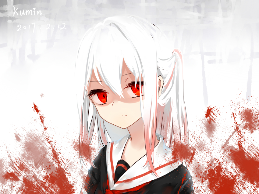 1girl, artist_name, black_serafuku, blood, blood_splatter, close-up, closed_mouth, dated