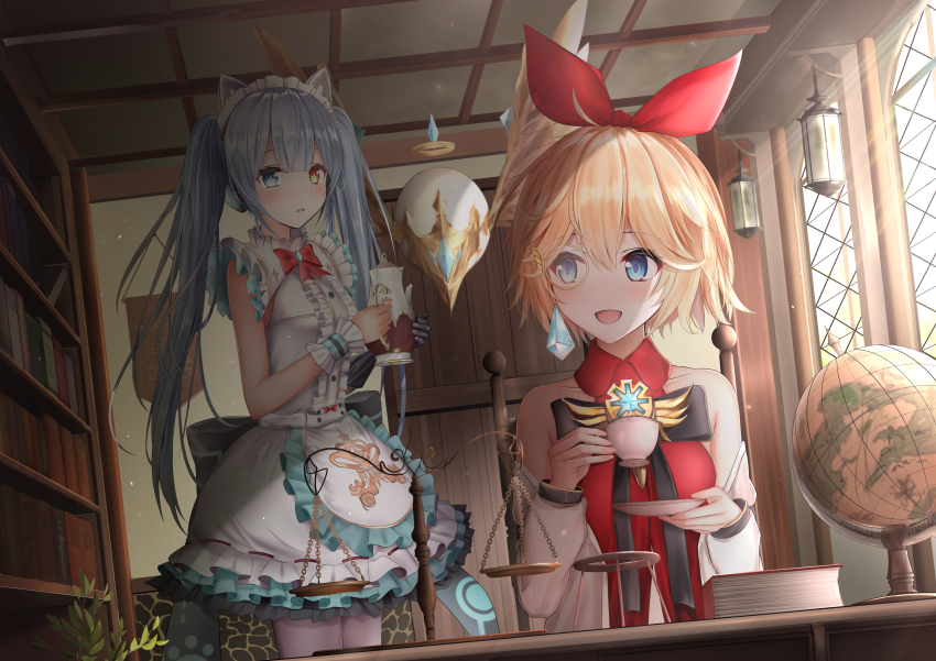 2girls, :d, absurdres, alternate_costume, animal_ears, annette_(king's_raid), blonde_hair, blue_eyes