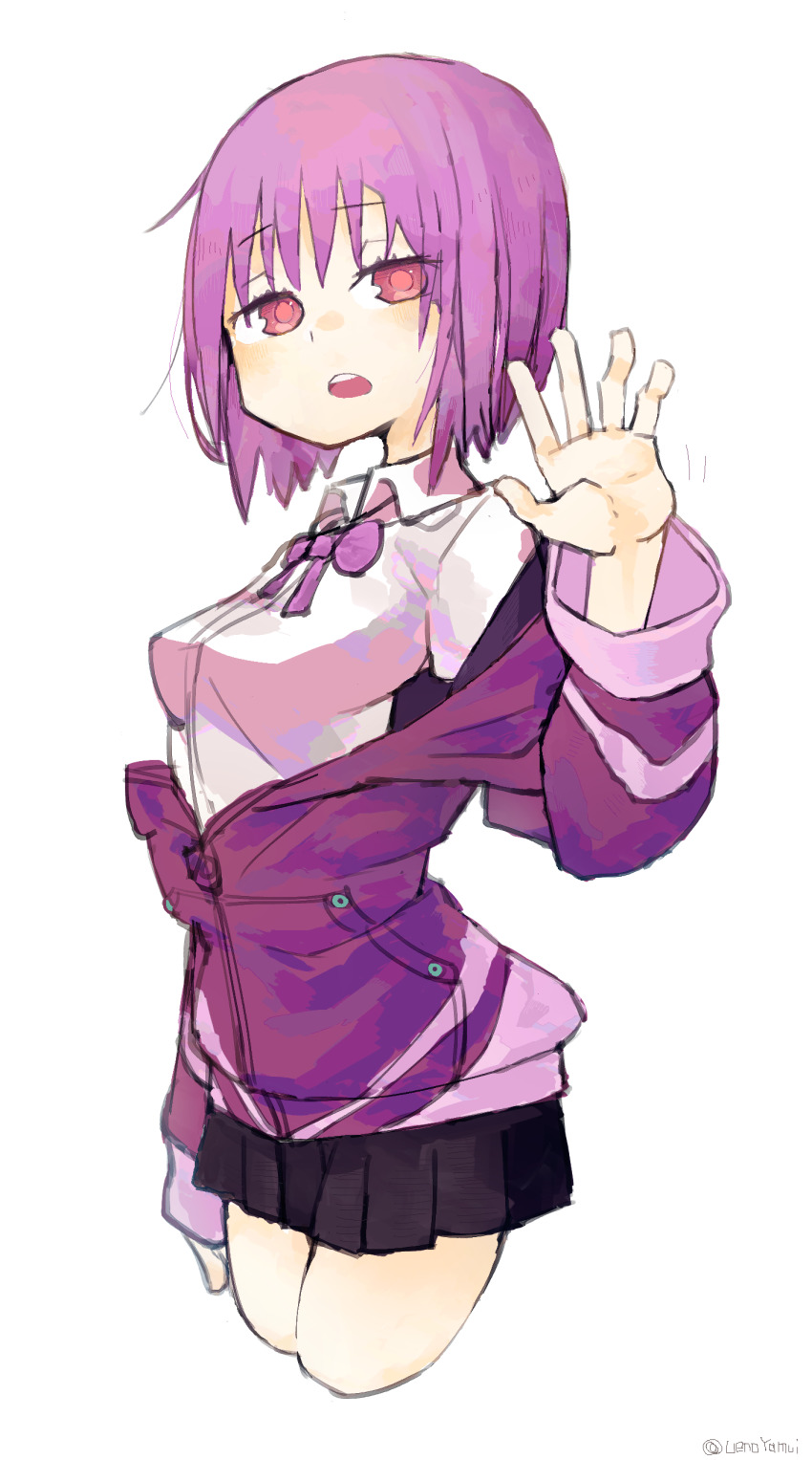 1girl, absurdres, black_skirt, bow, bowtie, breasts, collared_shirt, cowboy_shot, cropped_legs, eyes_visible_through_hair, female_focus, gridman_universe, hand_up, highres, jacket, long_sleeves, medium_breasts, off_shoulder, open_mouth, pleated_skirt, pocket, purple_bow, purple_bowtie, purple_jacket, red_eyes, shinjou_akane, shirt, short_hair, simple_background, skirt, solo, ssss.gridman, twitter_username, uenoyamui, white_background, white_shirt