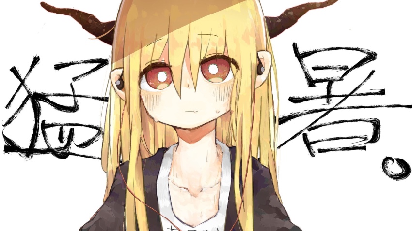 1girl, blonde_hair, brown_eyes, commentary_request, demon_girl, earbuds, earphones, eyes_visible_through_hair