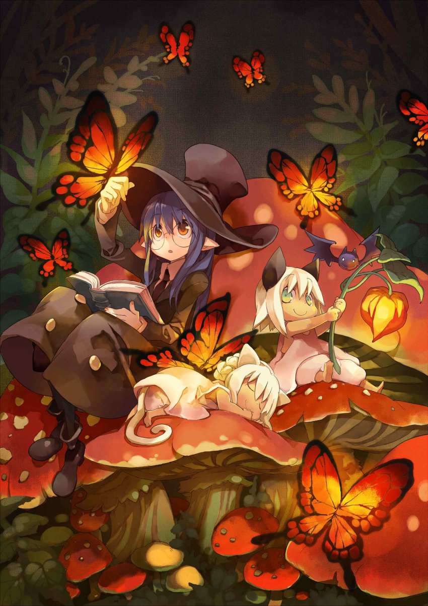 3girls, absurdres, animal_ears, bat_(animal), black_hair, book, bug, butterfly