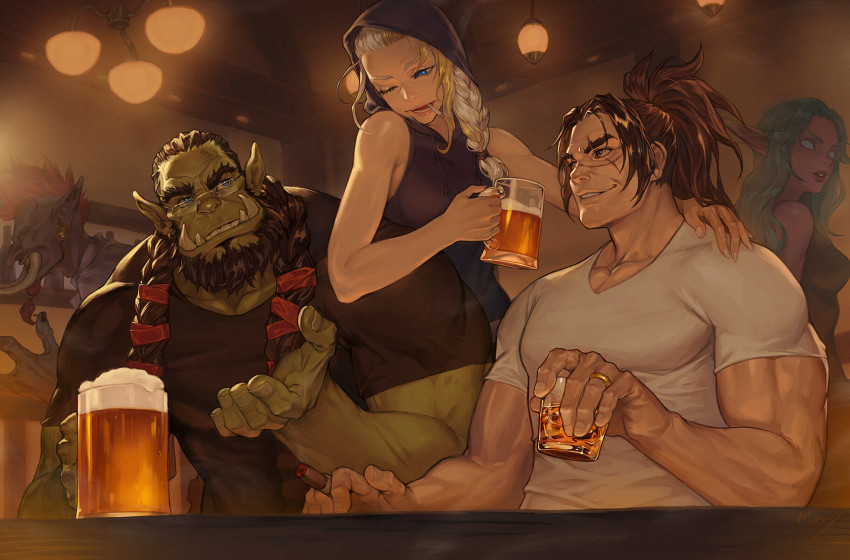 2girls, 3boys, alcohol, bar_(place), beard, beer, beer_mug, black_hair, blonde_hair, blue_eyes, braid, brown_hair, casual, character_request, cigarette, collarbone, colored_skin, commentary, cup, drinking_glass, elf, english_commentary, facial_hair, forehead, glasses, goatee, green_hair, green_skin, hair_ribbon, highres, hood, hoodie, indoors, jaina_proudmoore, jewelry, long_braid, manly, mohawk, morry, mug, multiple_boys, multiple_girls, muscular, night_elf_(warcraft), no_pupils, one_eye_closed, orc, pink_skin, plug_(piercing), pointy_ears, ponytail, purple_skin, red_hair, revision, ribbon, rimless_eyewear, ring, scar, scar_across_eye, scar_on_face, shirt, side_braid, single_braid, sleeveless, sleeveless_hoodie, smoking, t-shirt, thrall, troll_(warcraft), tusks, twin_braids, varian_wrynn, warcraft, wedding_band, whiskey, white_hair, world_of_warcraft