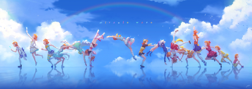 1girl, ahoge, ankle_strap, aozora_jumping_heart, asymmetrical_sleeves, black_shirt, blouse, blue_feathers