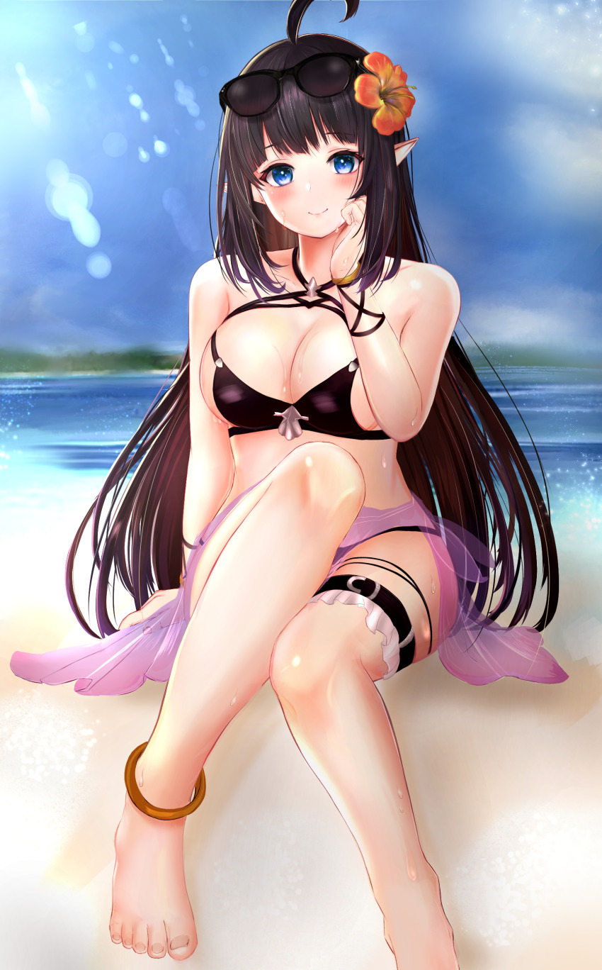1girl, absurdres, ahoge, anklet, bad_id, bad_pixiv_id, bare_shoulders, barefoot