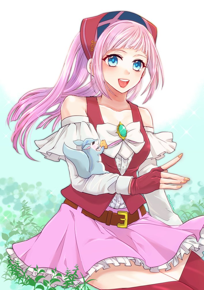 1girl, bandana, belt, blue_eyes, felicia_(fire_emblem), felicia_(picnic)_(fire_emblem), female_focus, fingerless_gloves