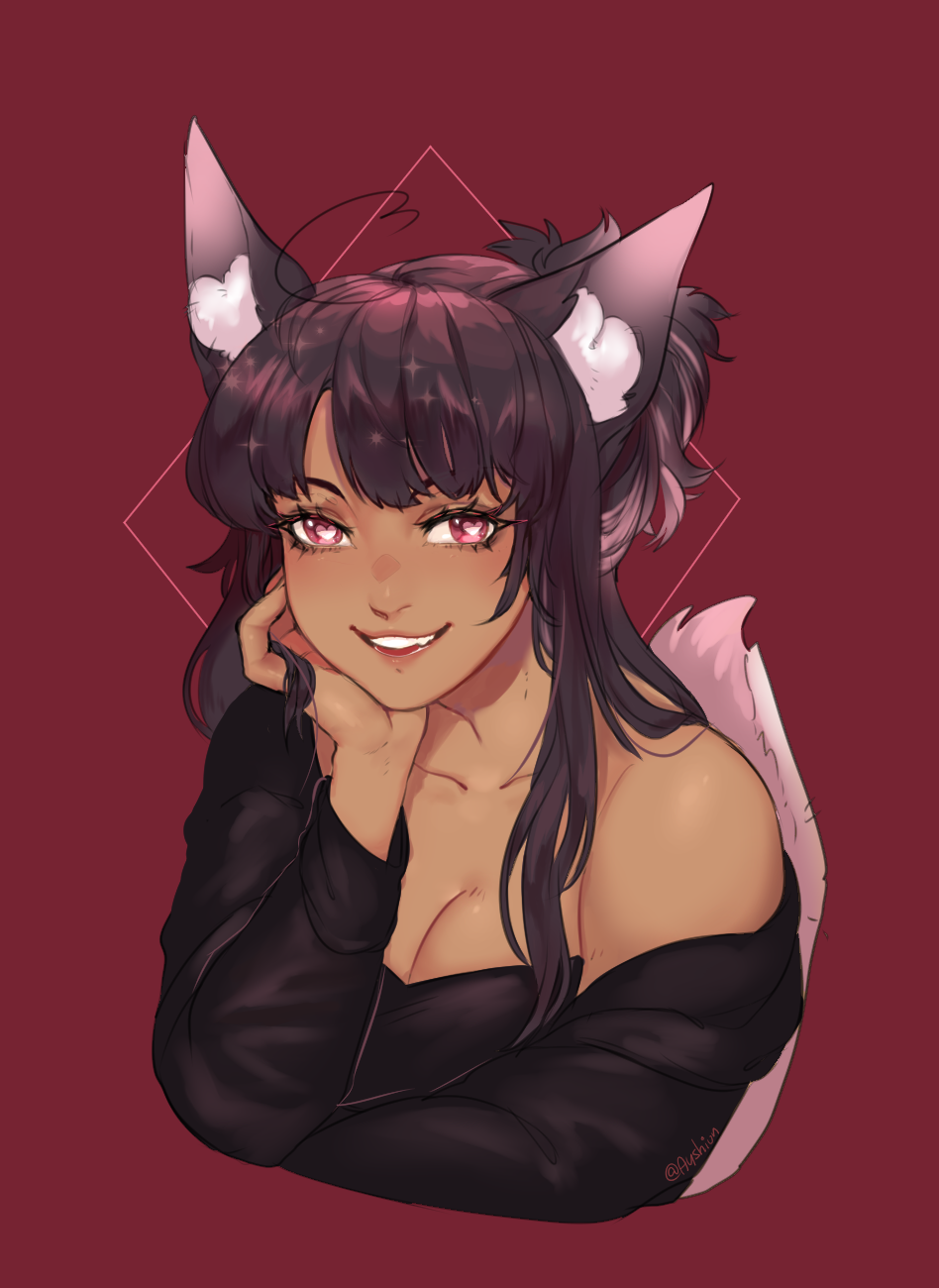 1girl, animal_ear_fluff, animal_ears, artist_name, ayshiun, black_hair, black_shirt, breasts