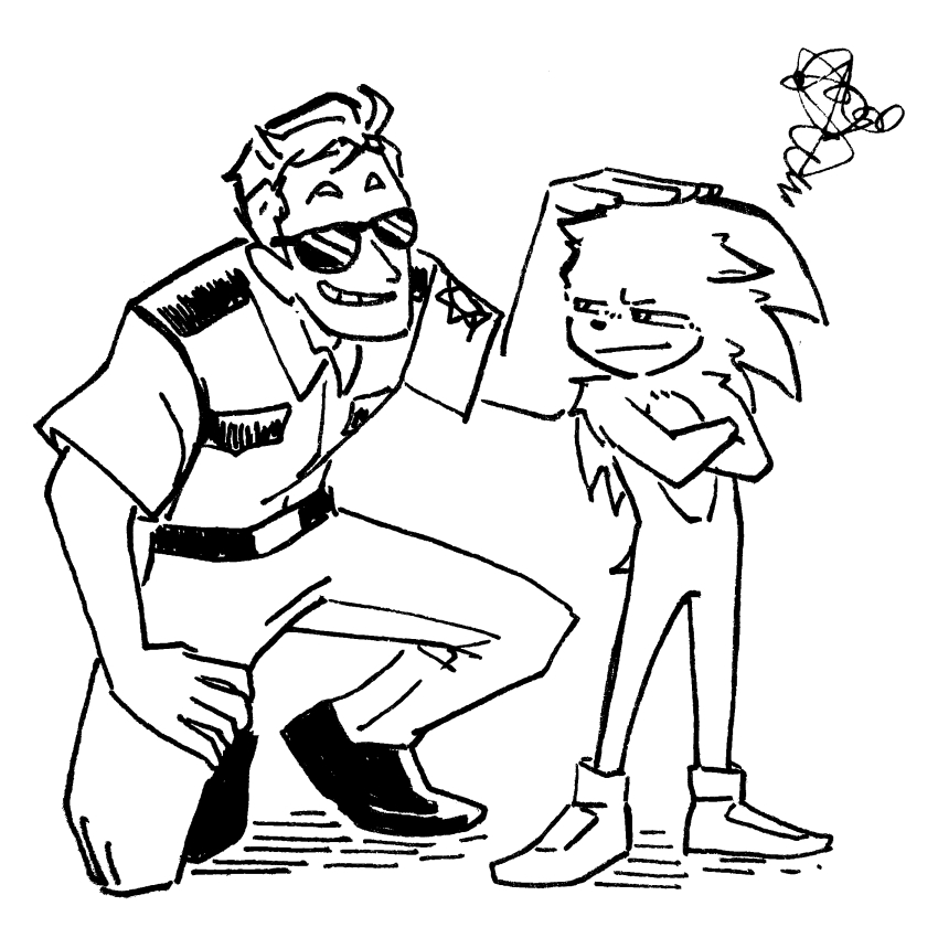 2boys, :|, annoyed, closed_mouth, full_body, greyscale, hailey_lain, headpat