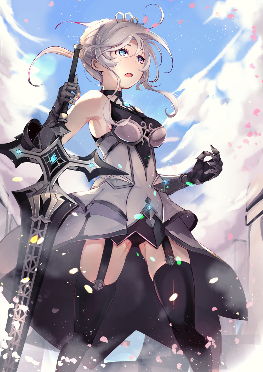 ahoge, armor, armpits, bad_id, bad_pixiv_id, black_thighhighs, blue_eyes, blue_sky
