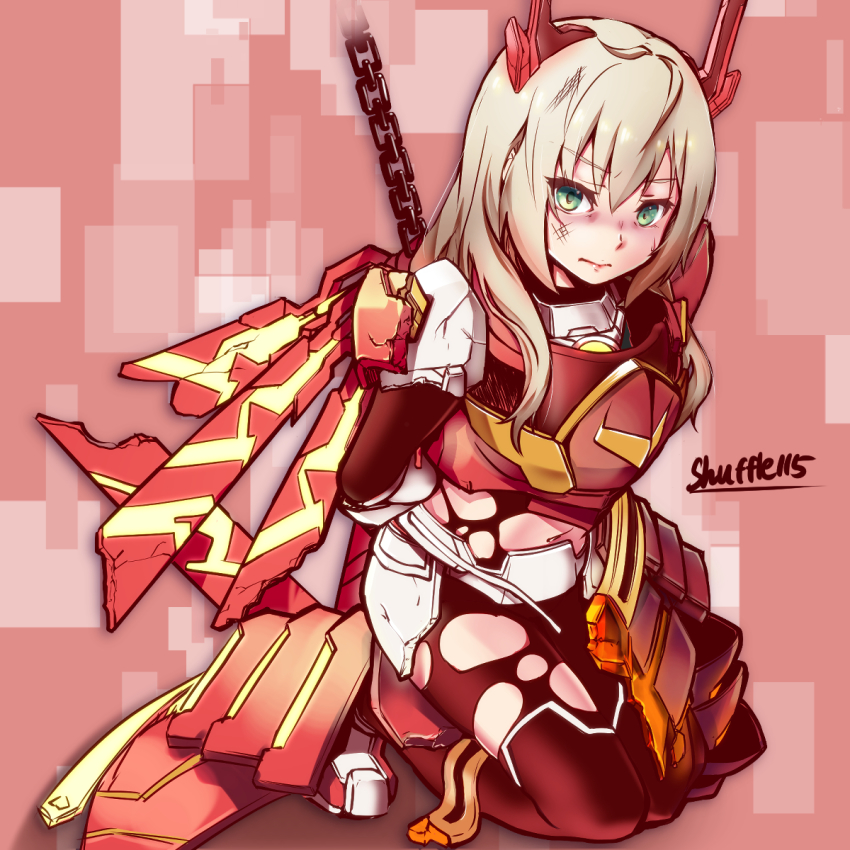 1girl, ahoge, armor, arms_behind_back, bdsm, blonde_hair, bodysuit, bondage, bound, bruise, bruise_on_face, chain, chained, damaged, duel_monster, female_focus, green_eyes, highres, injury, kneeling, mechanical_wings, navel, power_armor, restrained, sentouki_rei, shuffle115, signature, sky_striker_ace_-_kagari, sky_striker_ace_-_raye, solo, torn_bodysuit, torn_clothes, wings, yu-gi-oh!