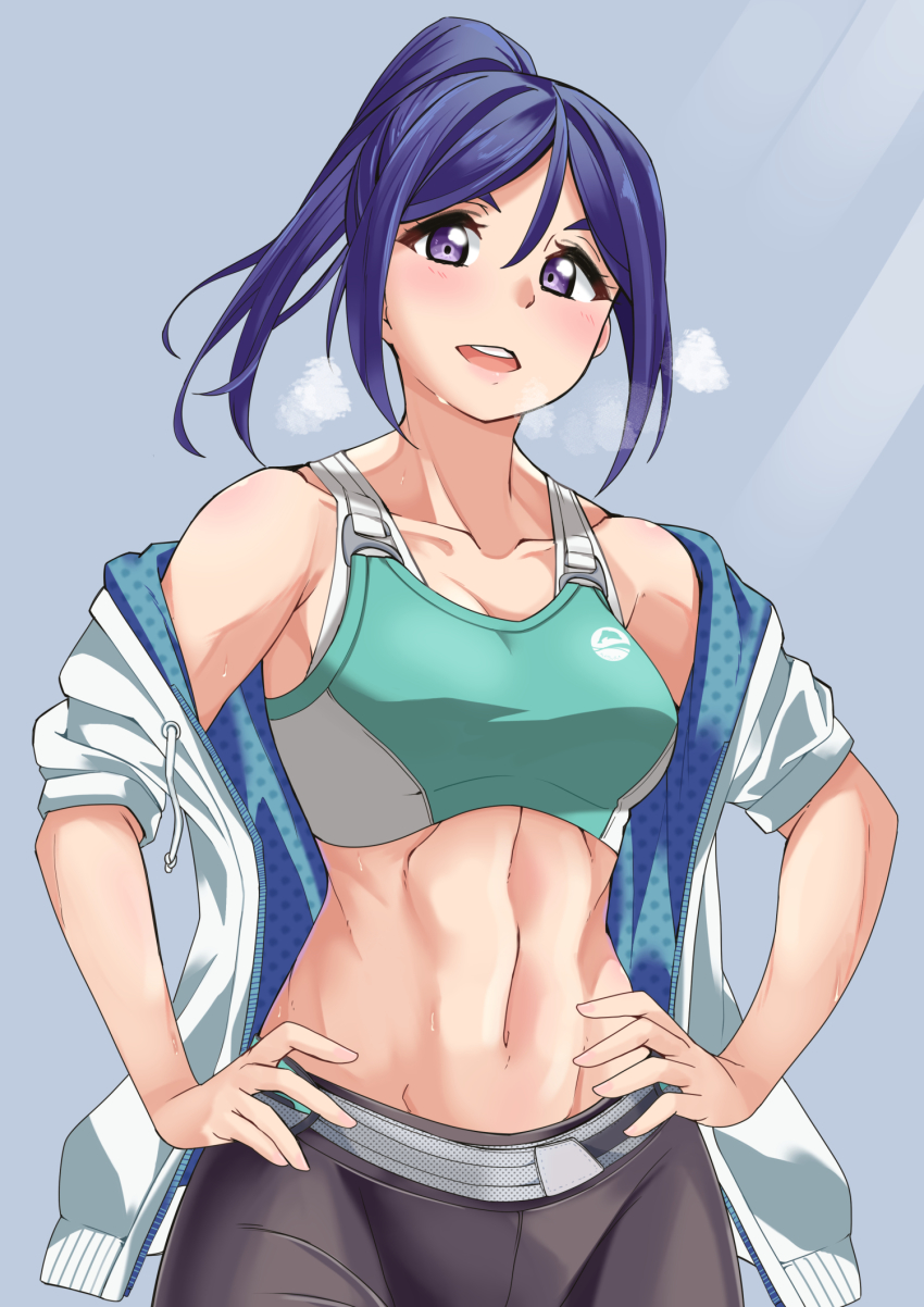 1girl, abs, blue_hair, blush, hands_on_own_hips, highres, long_hair, looking_at_viewer, love_live!, love_live!_school_idol_project, love_live!_sunshine!!, matsuura_kanan, off_shoulder, open_mouth, ponytail, purple_eyes, purple_hair, sodmango, sports_bra, sportswear, steam, toned
