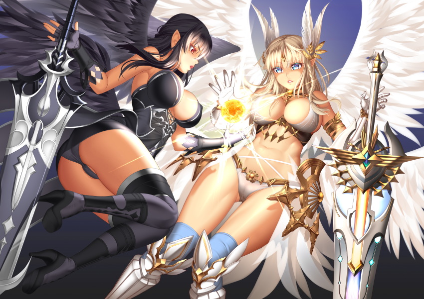 2girls, absurdres, angel, angel_wings, armor, armored_dress, aselica_(king's_raid), ass