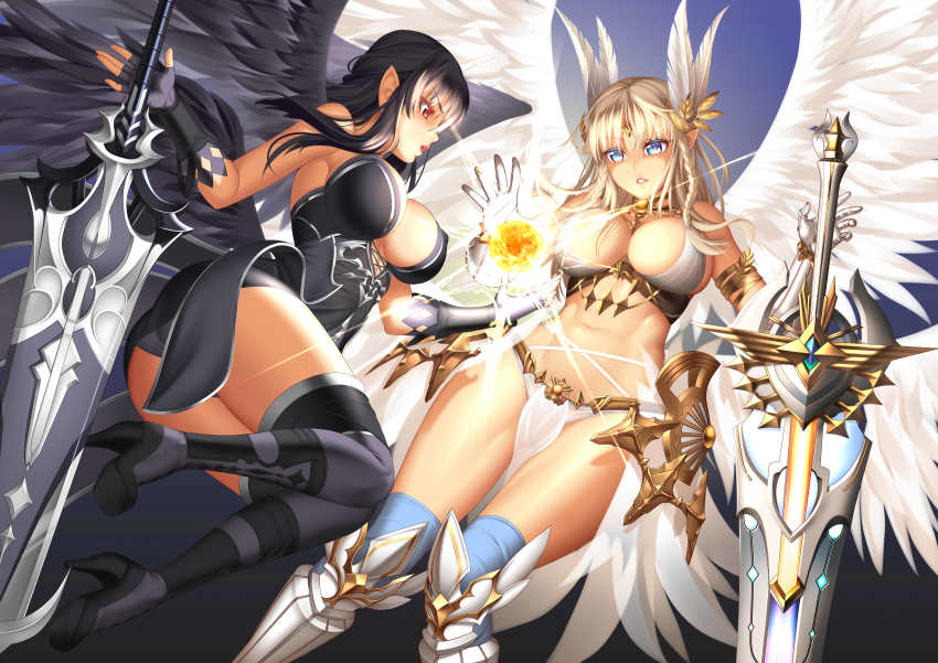 2girls, absurdres, angel, angel_wings, armor, armored_dress, aselica_(king's_raid), ass, bikini_armor, black_hair, blonde_hair, blue_eyes, boots, braid, breasts, dress, dual_persona, fingerless_gloves, from_behind, gloves, high_heel_boots, high_heels, highres, king's_raid, large_breasts, long_hair, lucknight, multiple_girls, open_mouth, panties, parted_lips, pointy_ears, red_eyes, short_dress, sword, thigh_boots, thighhighs, underwear, upskirt, weapon, wings