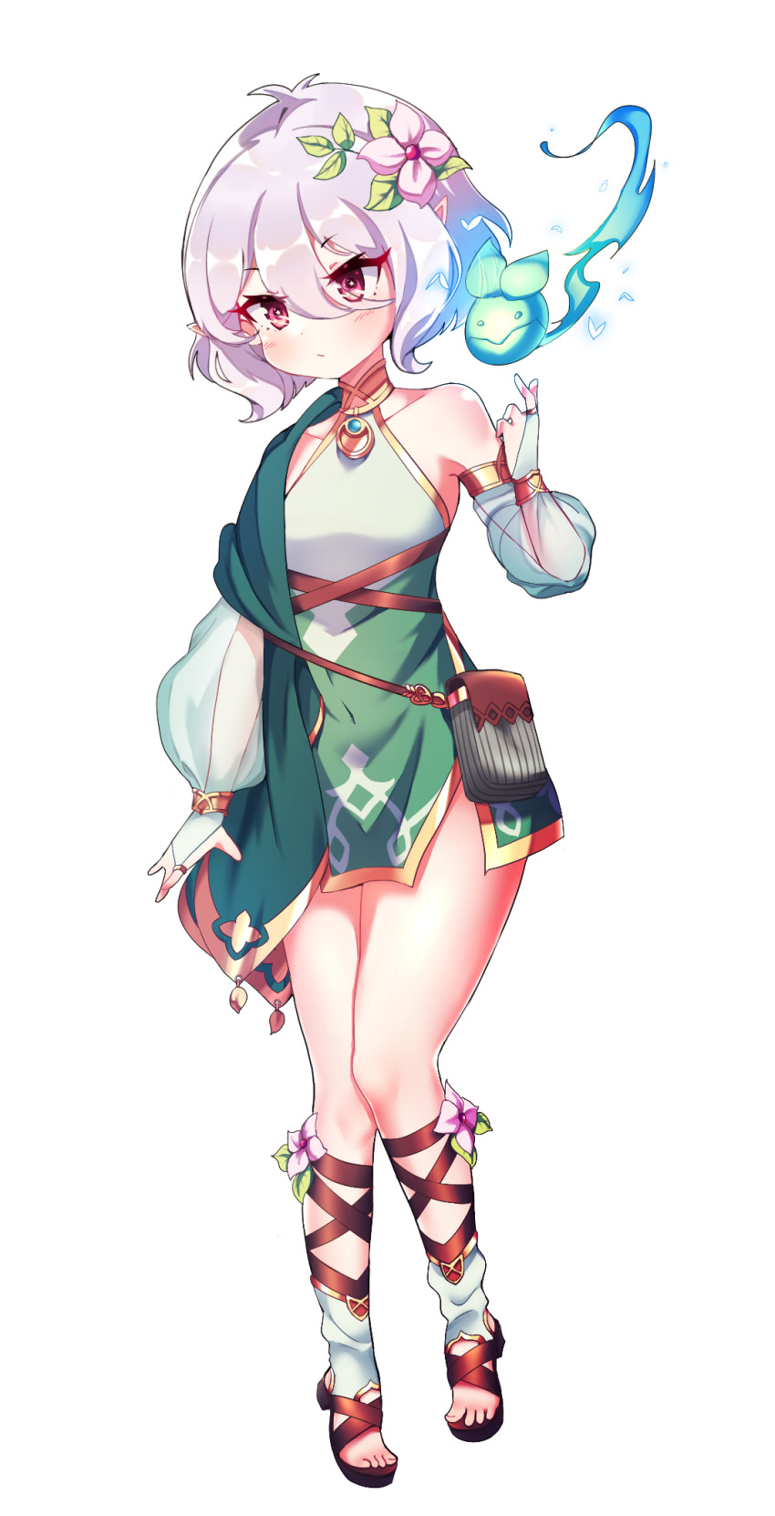 1girl, arm_up, bad_anatomy, bad_feet, bad_hands, bad_id, bad_pixiv_id, bag, bridal_gauntlets, detached_sleeves, dress, female_focus, flower, full_body, green_dress, hair_flower, hair_ornament, highres, k_milk12000, kokkoro_(princess_connect!), magic, pink_eyes, pointy_ears, pouch, princess_connect!, sandals, see-through_clothes, see-through_sleeves, short_dress, short_hair, silver_hair, simple_background, solo, toes, white_background