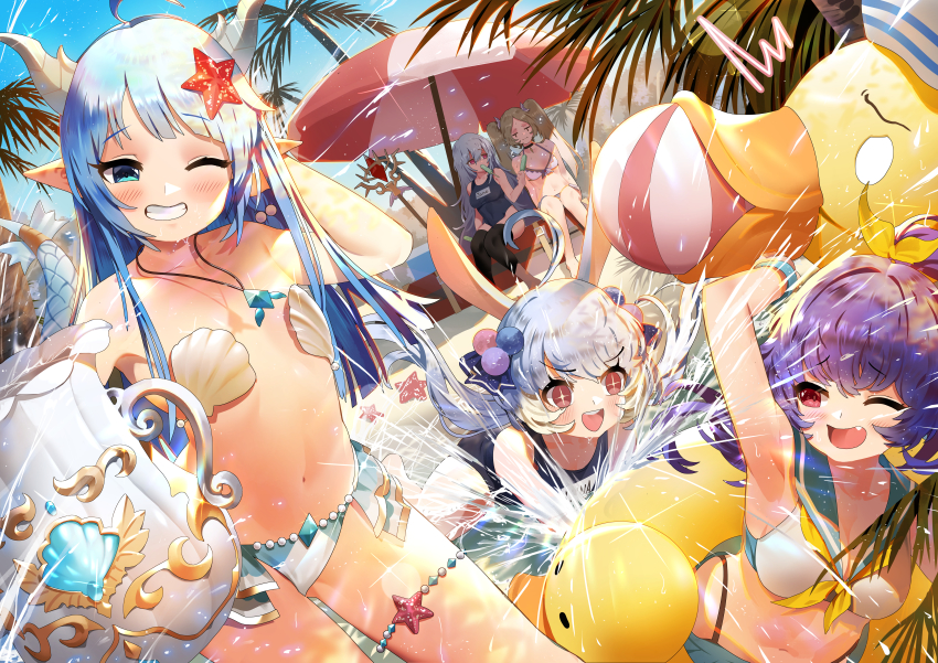 5girls, absurdres, ahoge, animal_ears, arm_up, armpits, arms_up, ball, beach_umbrella, beachball, bikini, bikini_bottom_only, black_legwear, blue_eyes, blue_hair, blush, breasts, brown_hair, bsue, character_request, day, eating, empty_eyes, fang, flat_chest, food, grin, hair_ornament, hand_in_own_hair, highres, horns, huge_filesize, jane_grey_(king's_raid), jewelry, king's_raid, lewisia_(king's_raid), lilia_(king's_raid), long_hair, luna_(king's_raid), medium_breasts, miruru_(king's_raid), mouth_hold, multiple_girls, navel, one-piece_swimsuit, one_eye_closed, open_mouth, outdoors, palm_tree, pendant, pink_eyes, pointy_ears, pool, popsicle, purple_eyes, purple_hair, rabbit_ears, school_swimsuit, seashell, shell, shell_bikini, silver_hair, smile, splashing, starfish, swimsuit, tail, thighhighs, tree, twintails, umbrella, very_long_hair, water, white_bikini