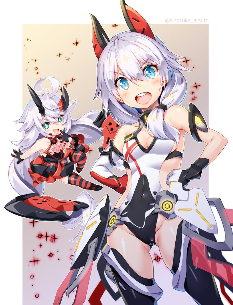 1girl, :d, ahoge, armor, armored_leotard, asymmetrical_clothes, asymmetrical_horns, bare_shoulders