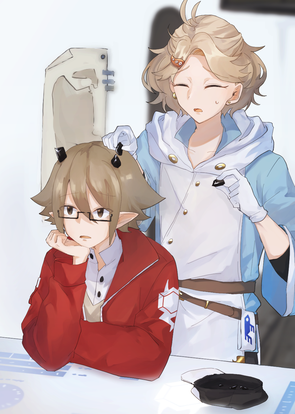 2boys, alef_auros, black_headwear, brown_eyes, brown_hair, closed_eyes, earrings, fuguve