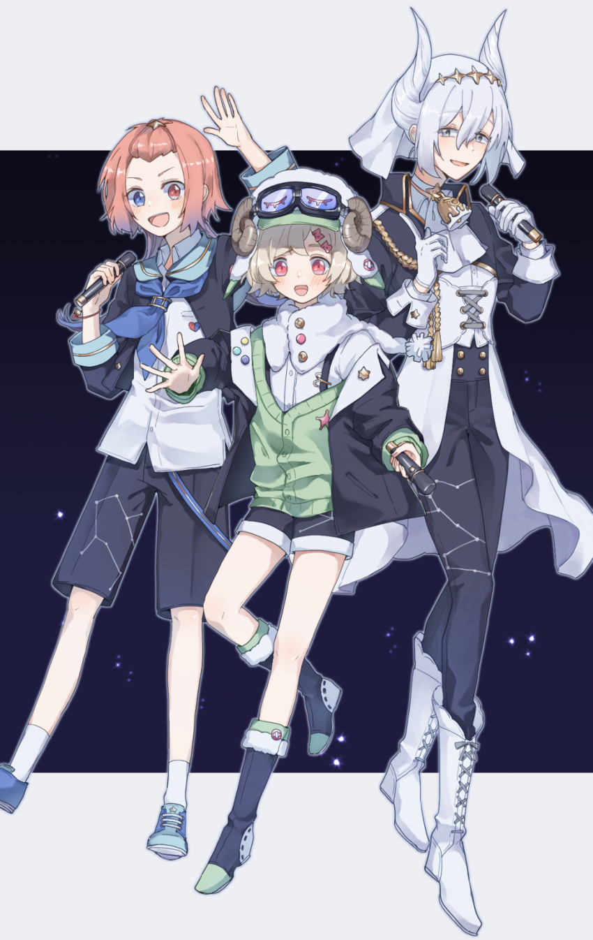 3boys, :d, aries_(zodiac), bell, blonde_hair, blue_eyes, blue_legwear, blue_neckwear