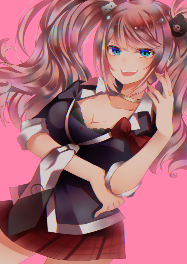 1girl, bear_hair_ornament, black_bra, black_necktie, blue_eyes, bow, bra, breasts, cleavage, collar, commentary_request, danganronpa:_trigger_happy_havoc, danganronpa_(series), enoshima_junko, female_focus, hair_ornament, long_hair, looking_at_viewer, medium_breasts, nail_polish, necktie, necota116, pink_background, pink_hair, red_nails, school_uniform, simple_background, skirt, sleeves_rolled_up, smile, solo, twintails, underwear, white_necktie