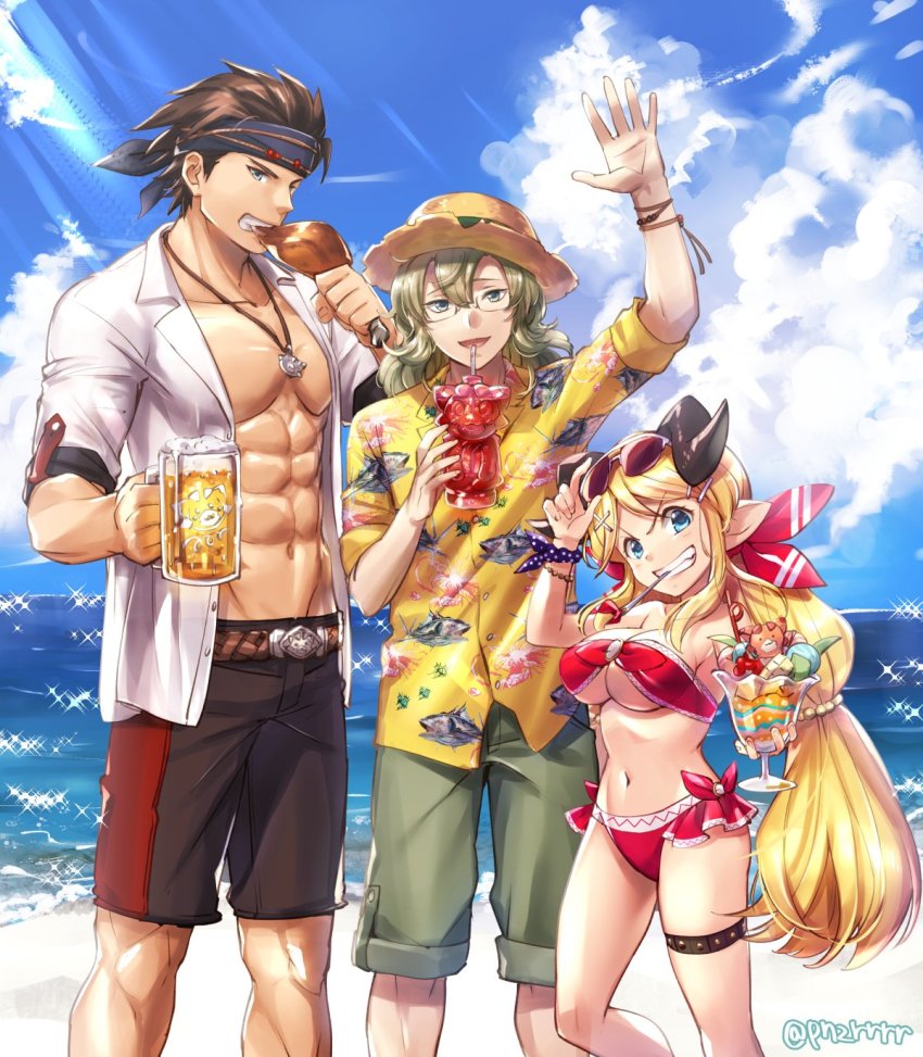 1girl, 2boys, abs, alcohol, alternate_costume, animal_print, beach, beer