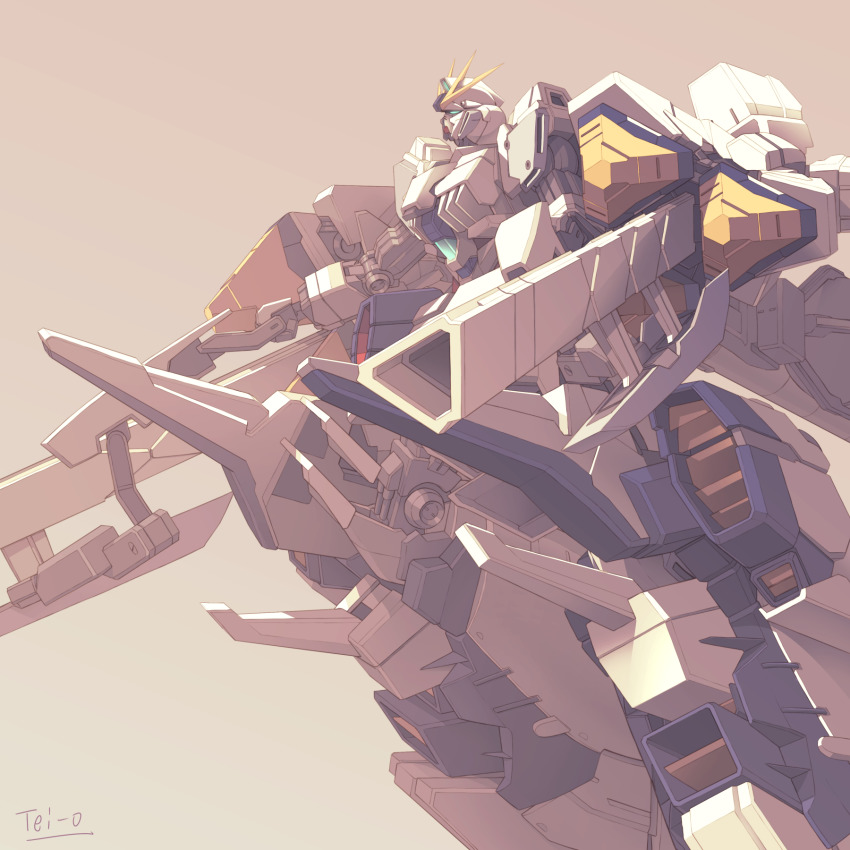 armor, beam_cannon, commentary, energy_weapon, glowing, glowing_eyes, gundam, gundam_narrative