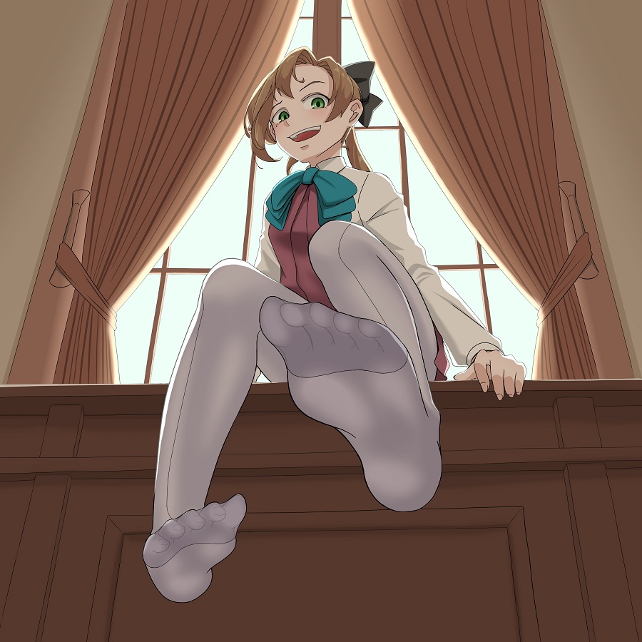 1girl, akigumo_(kancolle), brown_hair, curtains, desk, feet, foot_focus, foreshortening, green_eyes, grey_pantyhose, hair_ribbon, kantai_collection, kito_3_tyoki-tyoki, long_hair, looking_at_viewer, mole, mole_under_eye, open_mouth, pantyhose, perspective, pleated_skirt, ponytail, ribbon, school_uniform, sitting, skirt, soles