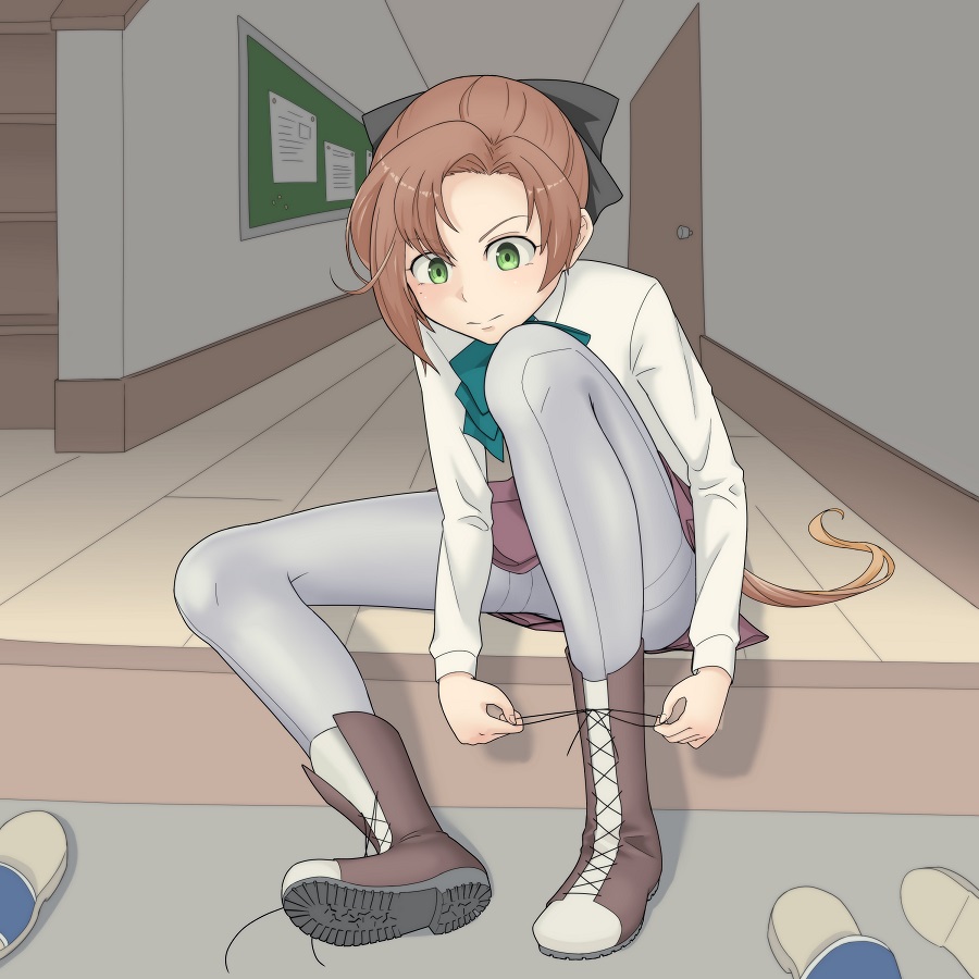 1girl, akigumo_(kancolle), blush, boots, brown_hair, green_eyes, grey_pantyhose, hair_ribbon