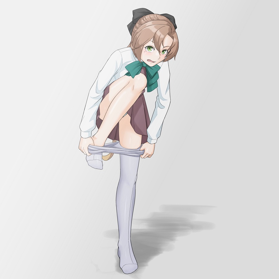 1girl, akigumo_(kancolle), blush, brown_hair, clothes_pull, dressing, green_eyes, grey_pantyhose