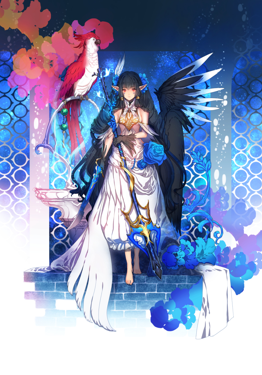 1girl, animal, barefoot, beads, bird, black_hair, black_wings, blue_flower