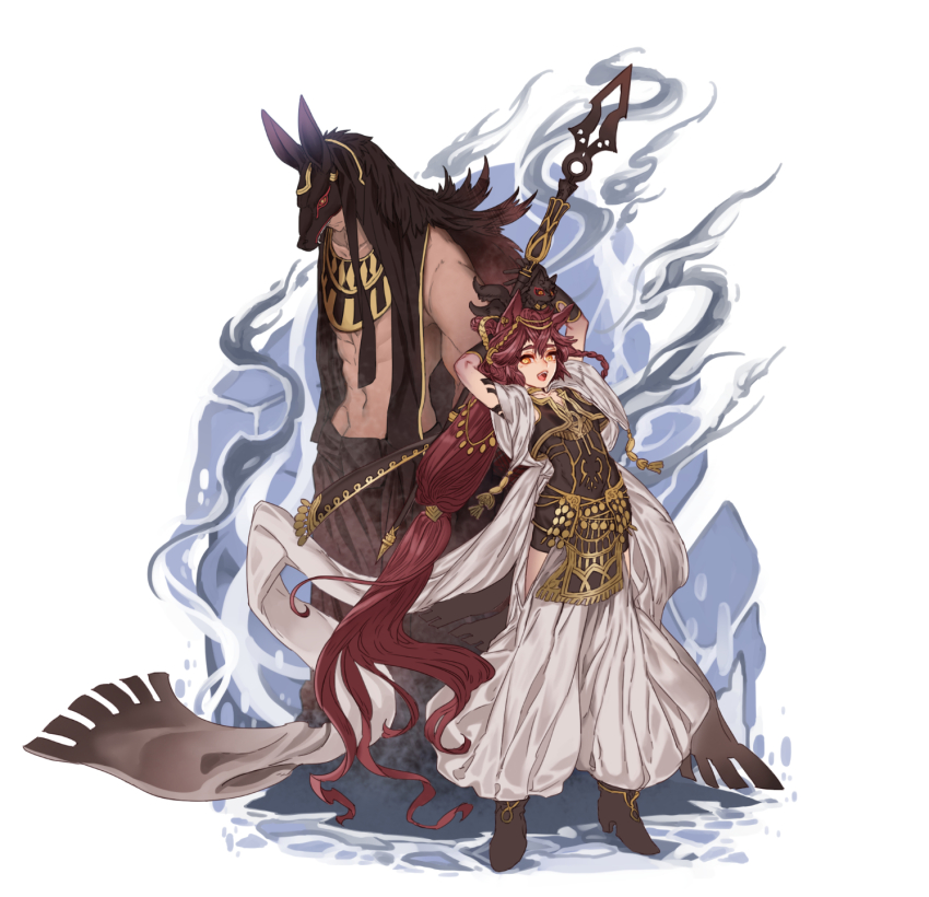 1boy, 1girl, absurdly_long_hair, animal_ears, anubis_(mythology), arm_tattoo, arms_up, black_footwear