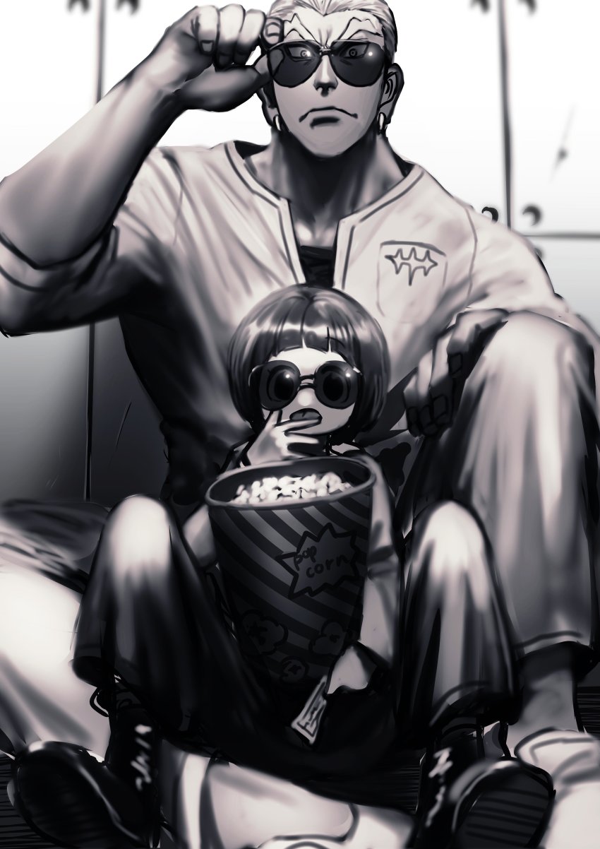 1boy, 1girl, absurdres, bob_cut, earrings, eating, licking_finger, food