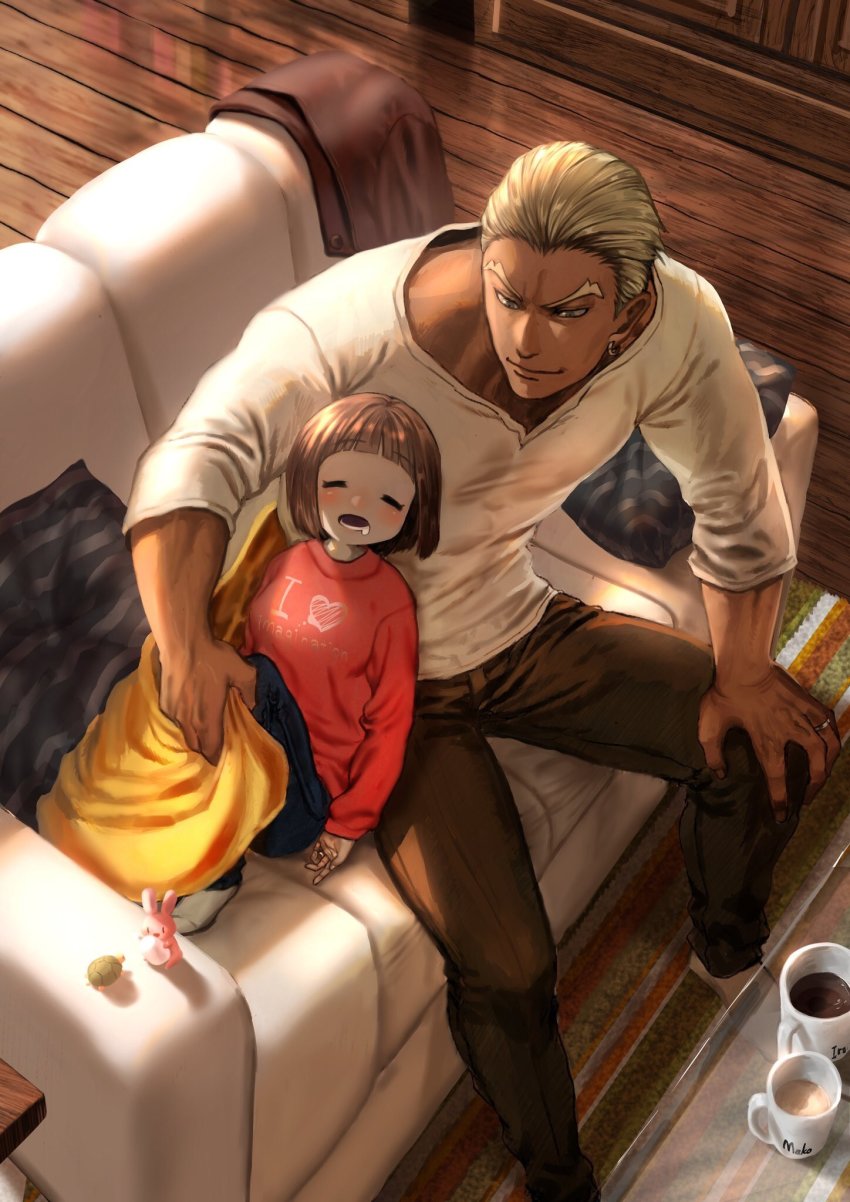 1boy, 1girl, blanket, blonde_hair, bob_cut, couch, couple, cup, dark_skin, dark-skinned_male, drooling, earrings, closed_eyes, gamagoori_ira, hetero, highres, jewelry, kill_la_kill, mankanshoku_mako, mug, open_mouth, pillow, ring, saliva, sirakusa, size_difference, sleeping, sleeping_on_person, wedding_band