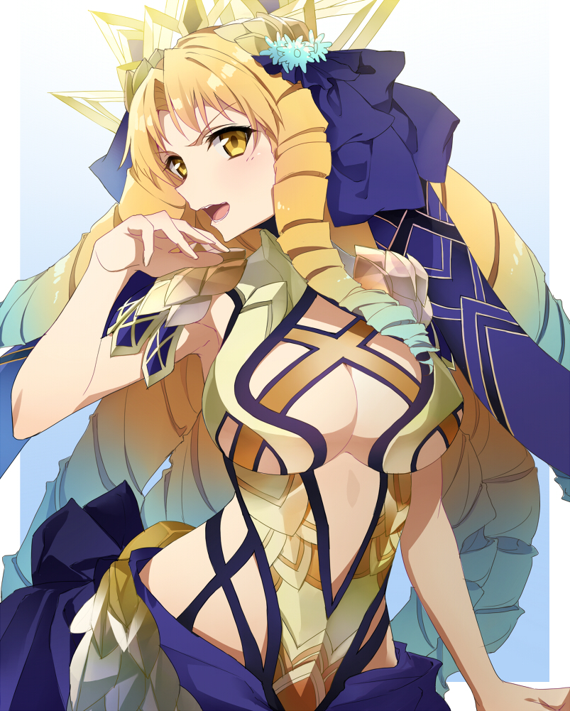 1girl, astraea_(fate), astraea_(third_ascension)_(fate), bare_shoulders, blonde_hair, blue_background, blue_bow, blue_hair