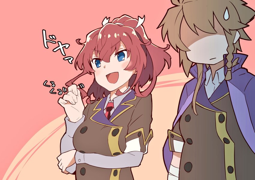 2girls, arm_under_breasts, blue_eyes, blush, braid, brown_hair, buttons, closed_mouth