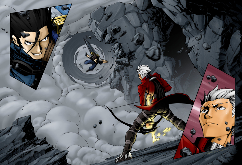 2boys, archer_(fate), armor, arrow_(projectile), battle, black_hair, blue_eyes, bow_(weapon), brown_eyes, buster_sword, crisis_core:_final_fantasy_vii, crossover, dark_skin, dark-skinned_male, duel, fate/stay_night, fate_(series), fighting, final_fantasy, final_fantasy_vii, g-matoshi, gloves, highres, huge_weapon, male_focus, multiple_boys, rock, smile, smoke, soldier, spiked_hair, sword, tagme, two_side_up, weapon, white_hair, zack_fair