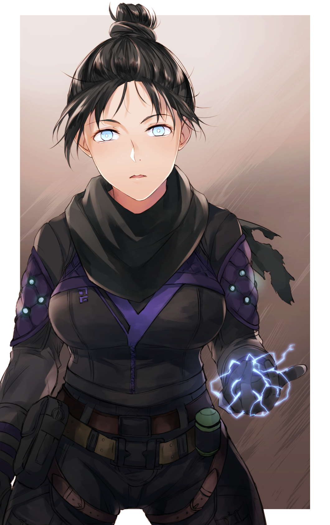 1girl, animification, apex_legends, arm_at_side, belt, belt_buckle, black_bodysuit, black_hair, black_scarf, blue_eyes, bodysuit, breasts, buckle, commentary_request, electricity, electrokinesis, female_focus, gloves, hair_bun, hand_up, highres, kurage_(11649021), legs_apart, looking_at_viewer, medium_breasts, ninja, no_pupils, nose, parted_lips, scarf, short_hair, sidelocks, single_hair_bun, solo, standing, thigh_strap, utility_belt, wraith_(apex_legends), zipper
