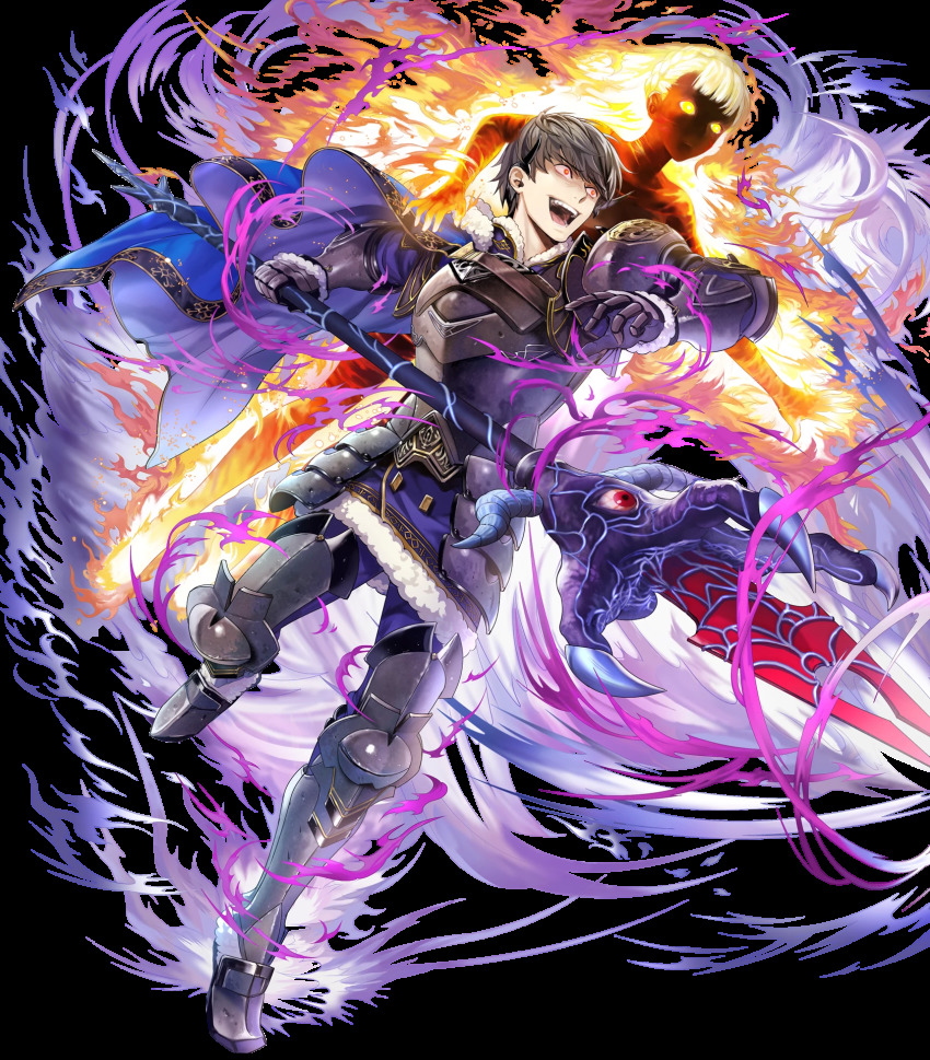 1boy, 1girl, armor, asatani_tomoyo, berkut_(fire_emblem), berkut_(purgatorial_prince)_(fire_emblem), cape, elemental_(creature)