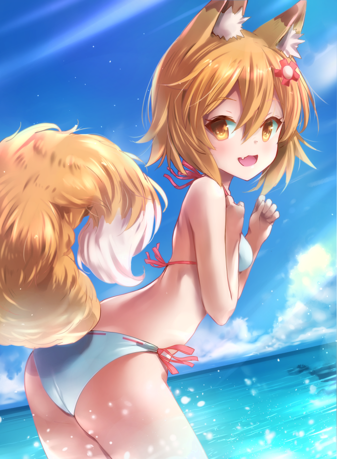 1girl, :d, animal_ear_fluff, animal_ears, bare_arms, bare_shoulders, bikini, blue_sky, blush, breasts, brown_eyes, cloud, commentary_request, day, dutch_angle, fang, female_focus, flower, fox_ears, fox_girl, fox_tail, hair_between_eyes, hair_flower, hair_ornament, hands_up, horizon, leaning_forward, looking_at_viewer, looking_to_the_side, natsushima_memo, ocean, open_mouth, orange_hair, outdoors, red_flower, ribbon-trimmed_bikini, ribbon_trim, senko_(sewayaki_kitsune_no_senko-san), sewayaki_kitsune_no_senko-san, side-tie_bikini_bottom, sky, small_breasts, smile, solo, standing, swimsuit, tail, tail_raised, water, white_bikini