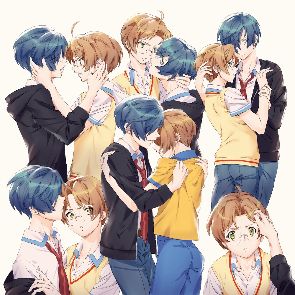 2boys, ahoge, black_hoodie, blue_eyes, blue_hair, brown_hair, denim, freckles