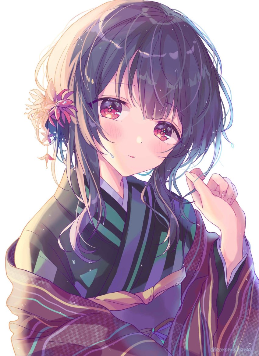 1girl, black_hair, blush, commentary_request, flower, hair_flower, hair_ornament, hanai_yuyu