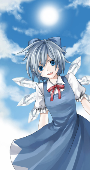 1girl, bad_id, bad_pixiv_id, blue_eyes, blue_hair, bow, cirno, day