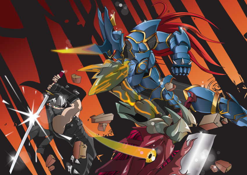 2boys, absurdres, armor, battle, blue_armor, claws, crossover, dead_or_alive, dragon_sword, duel, eyeball, fake_horns, fighting, forest, gloves, glowing, glowing_eyes, green_eyes, helmet, highres, holding, holding_sword, holding_weapon, horned_helmet, horns, huge_weapon, katana, left-handed, long_hair, male_focus, mask, multiple_boys, muscular, nature, nightmare_(soulcalibur), ninja, ninja_gaiden, oni-kirin, red_eyes, ryu_hayabusa, scarf, soul_calibur, soul_edge_(weapon), soulcalibur, soulcalibur_v, sword, weapon, zweihander