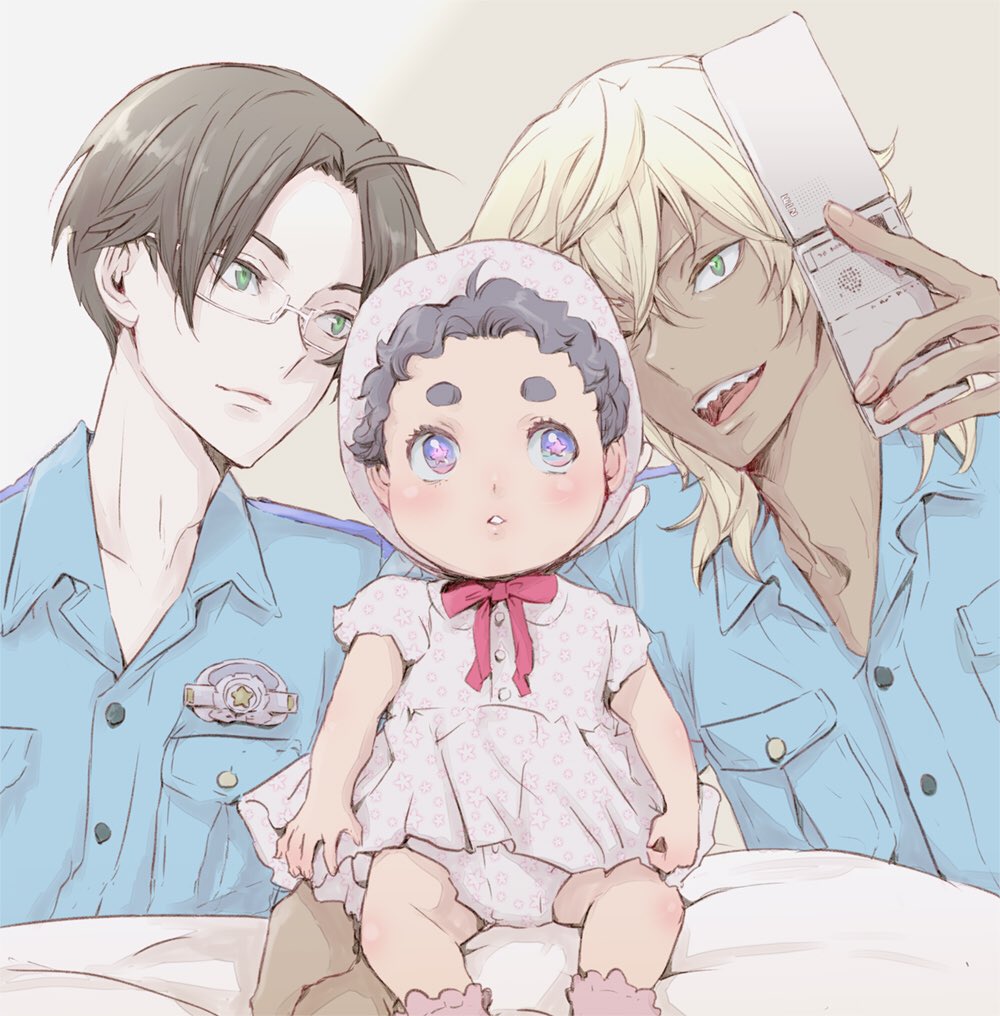 1girl, 2boys, akutsu_mabu, azuma_sara, baby, badge, black_hair, brown_hair