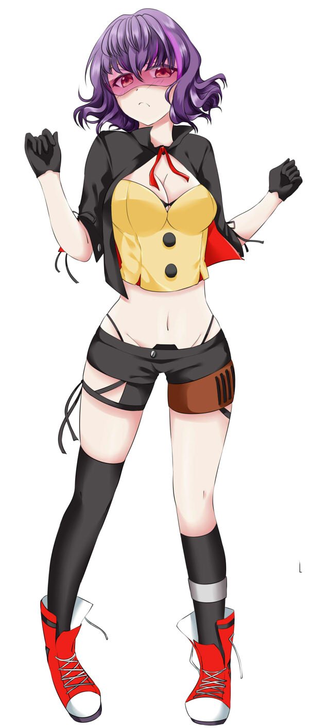 1girl, asymmetrical_legwear, black_bra, black_gloves, black_jacket, black_panties, black_shorts, black_socks, blue_eyes, bra, breasts, buttons, closed_mouth, cosplay, crop_top, cropped_jacket, dual_wielding, female_focus, full_body, girls'_frontline, gloves, groin, gun, highleg, highleg_panties, highres, holding, jacket, kneehighs, kureno_(clern), large_breasts, looking_at_viewer, midriff, navel, neck_ribbon, open_clothes, open_jacket, panties, pink-tinted_eyewear, purple-tinted_eyewear, purple_eyes, purple_hair, red_ribbon, red_shoes, ribbon, ripper_(girls'_frontline), sangvis_ferri, shirt, shoes, short_shorts, short_sleeves, shorts, sidelocks, simple_background, single_kneehigh, single_sock, single_thighhigh, skorpion_(girls'_frontline), smile, sneakers, socks, solo, stomach, strap, thighhighs, thighs, tinted_eyewear, underwear, uneven_legwear, visor, weapon, white_background, yellow_shirt