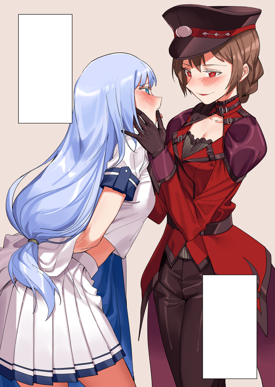 2girls, ahoge, belt, blue_eyes, blue_hair, blush, bound, bound_arms