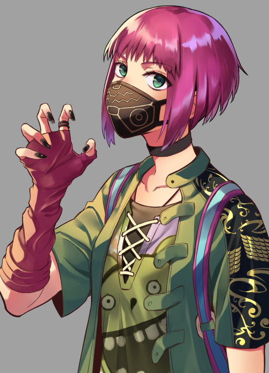 1girl, backpack, bag, black_nails, bob_cut, collarbone, commentary_request, covered_mouth, dead_by_daylight, elbow_gloves, female_focus, fingerless_gloves, gloves, green_jacket, grey_background, jacket, looking_at_viewer, mask, minami_ikkei, mouth_mask, nail_polish, nea_karlsson, pink_hair, shirt, short_hair, short_sleeves, solo, upper_body