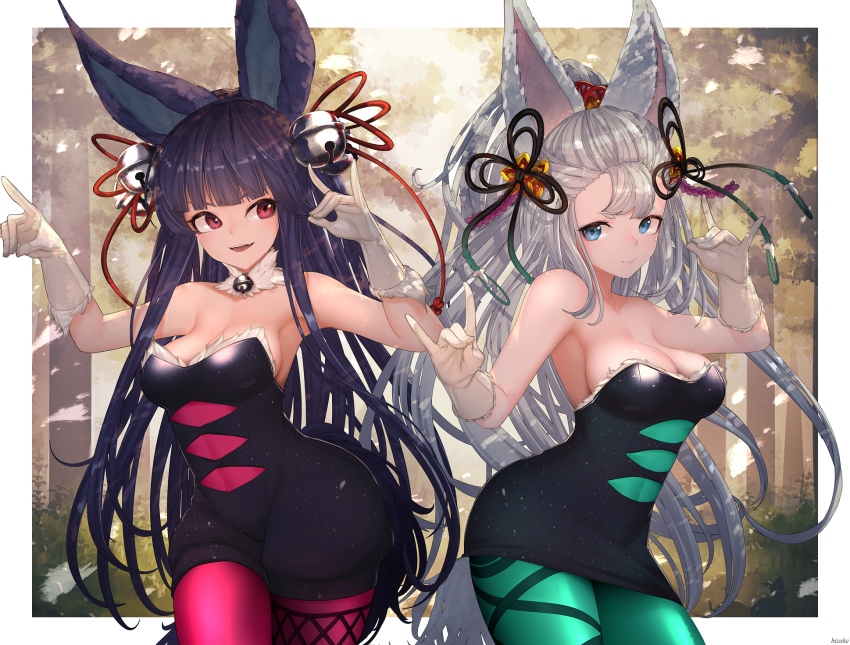 2girls, :d, animal_ears, arm_up, armpits, arms_up, artist_name, asymmetrical_bangs